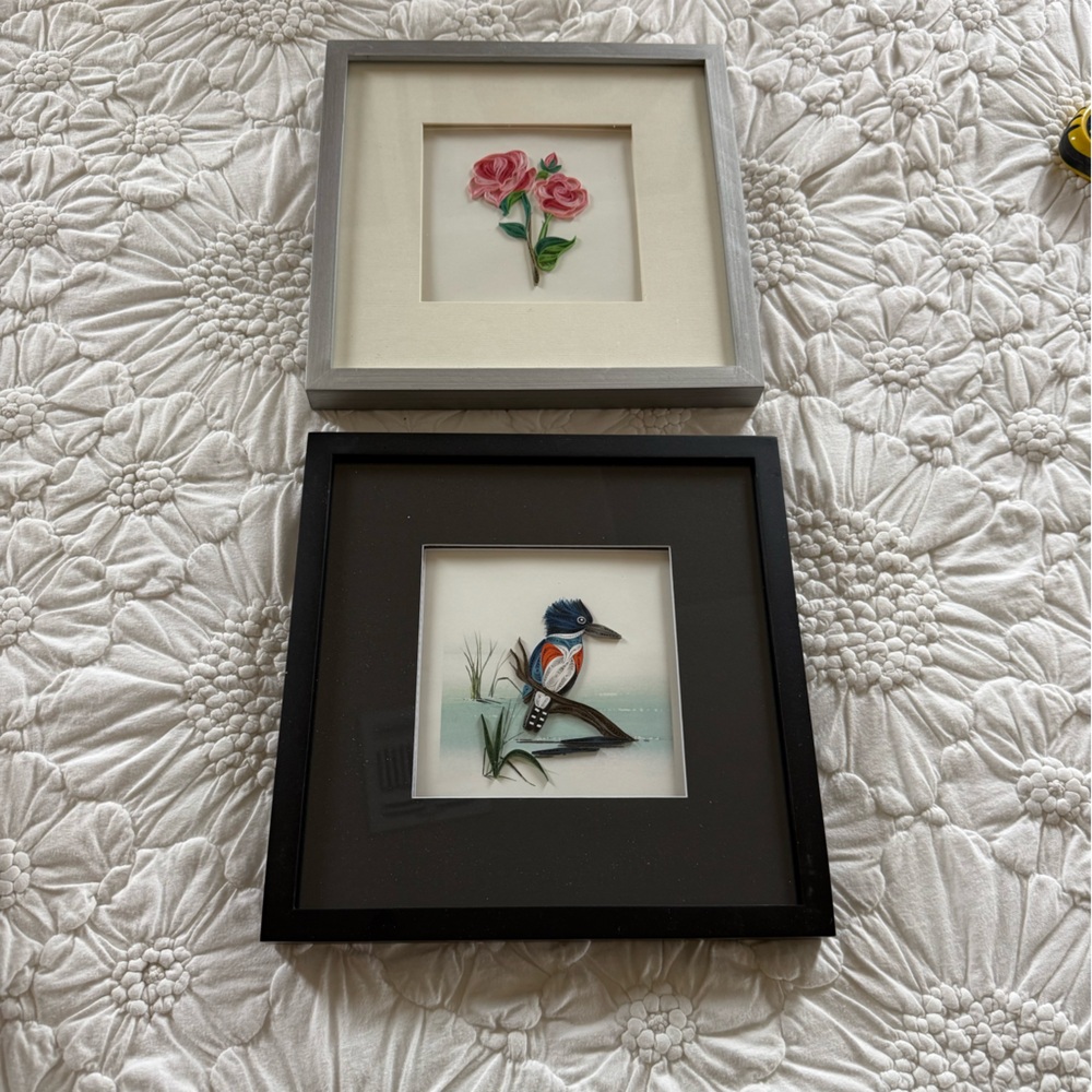 Framed Floral and Bird Art Set - Black and Gray